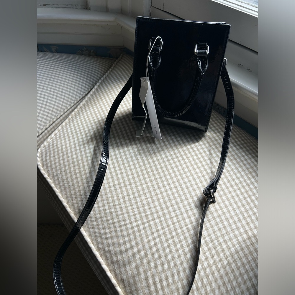 Aqua patent leather top handle bag